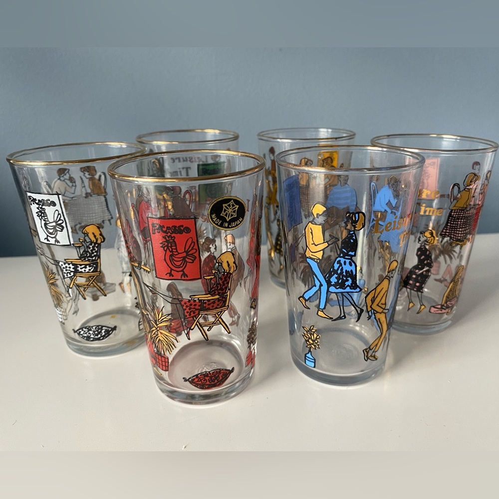 Vintage 1950s 1960s Illustrated Glass Tumbler Set of 6 - Made in Japan